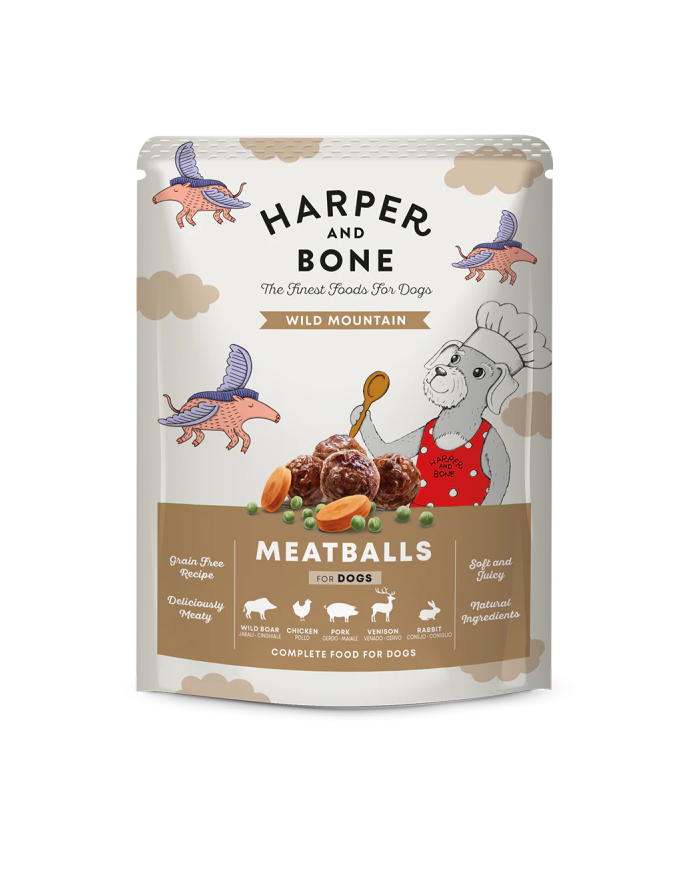 Harper & Bone Pouch Wild Mountain – Comida Húmeda Natural para Perros con Jabalí, Cerdo Ibérico, Pollo, Conejo y Venado (300g)