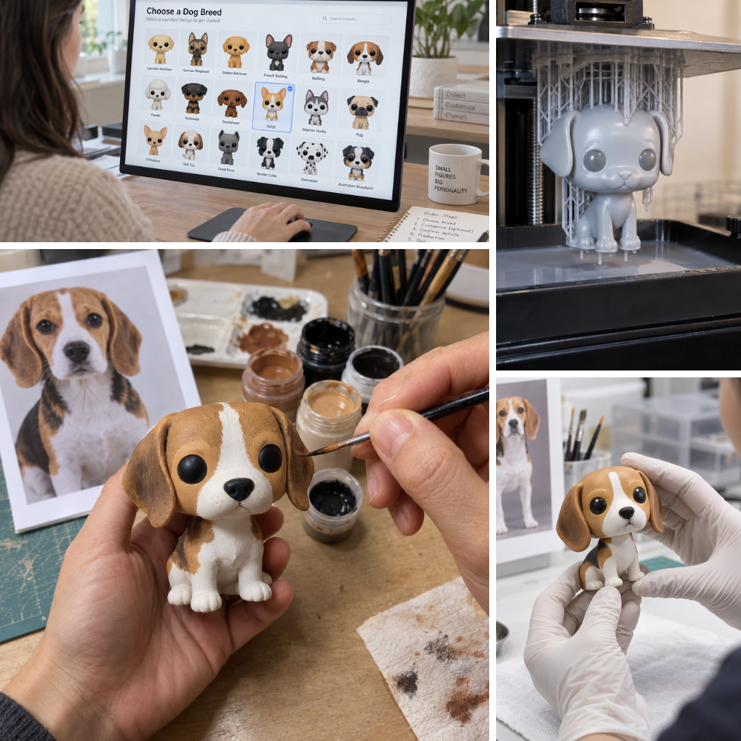 Proceso de producción de figuras 3D POP estándar.