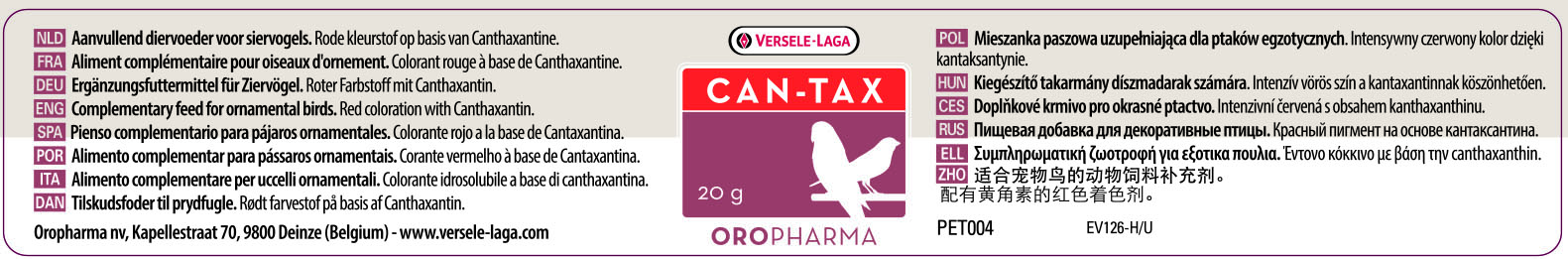 Versele Laga Can-Tax Colorante Rojo Para Canarios 20 Gr