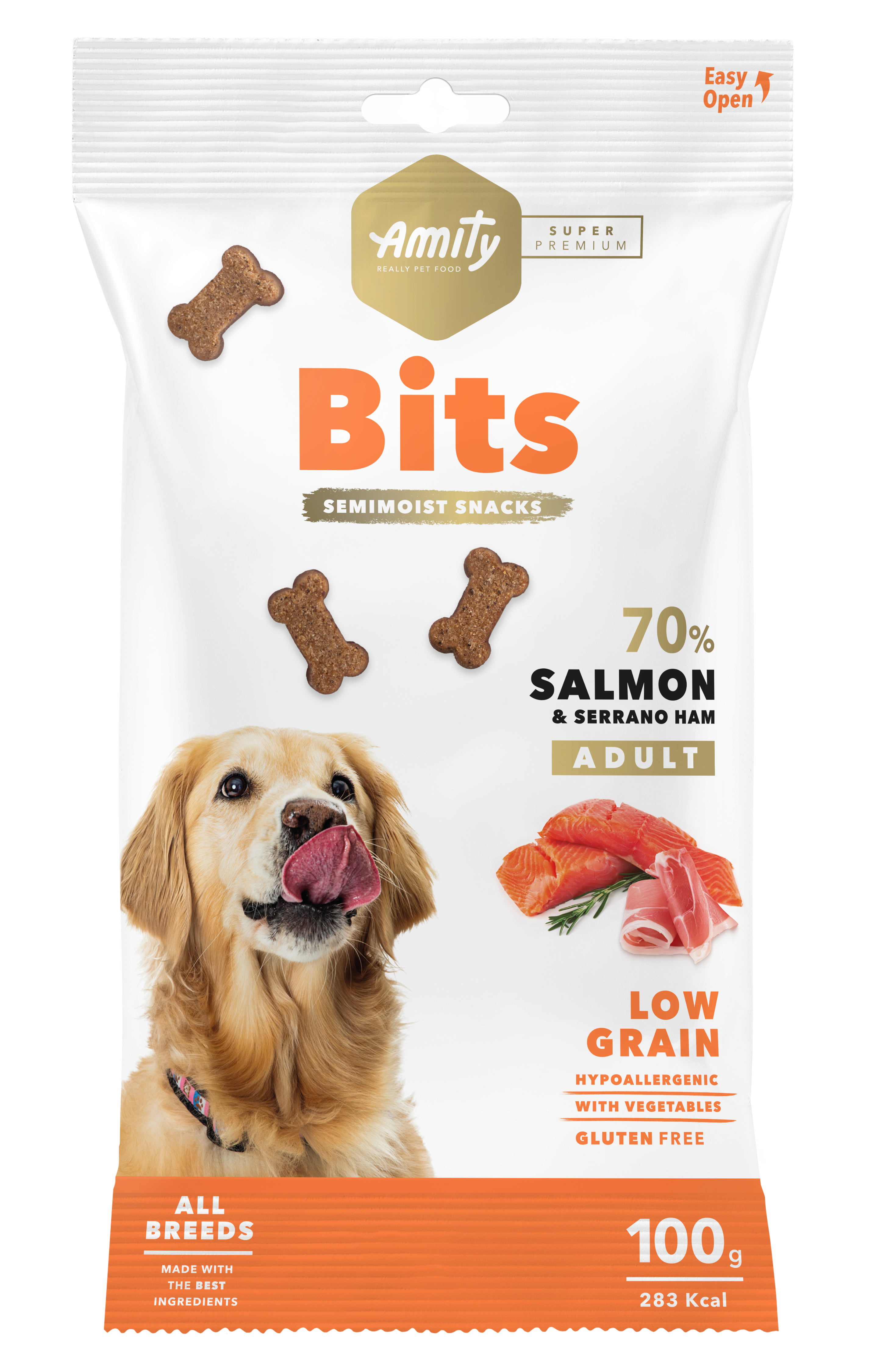 AMITY SUPER PREMIUM BITS SALMON & SERRANO HAM (DISPLAY 12 UNIDADES)