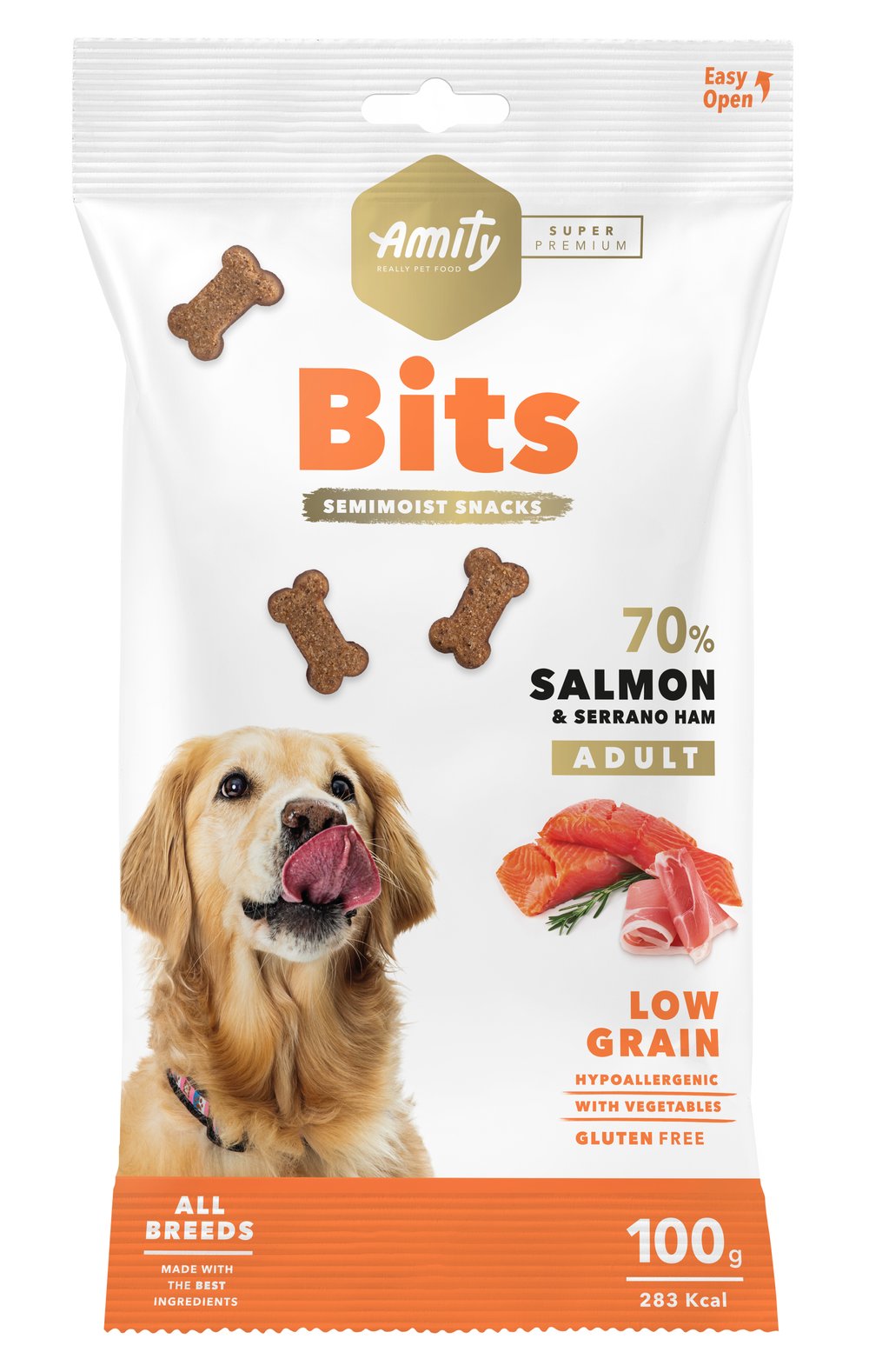 AMITY SUPER PREMIUM BITS SALMON & SERRANO HAM (DISPLAY 12 UNIDADES)