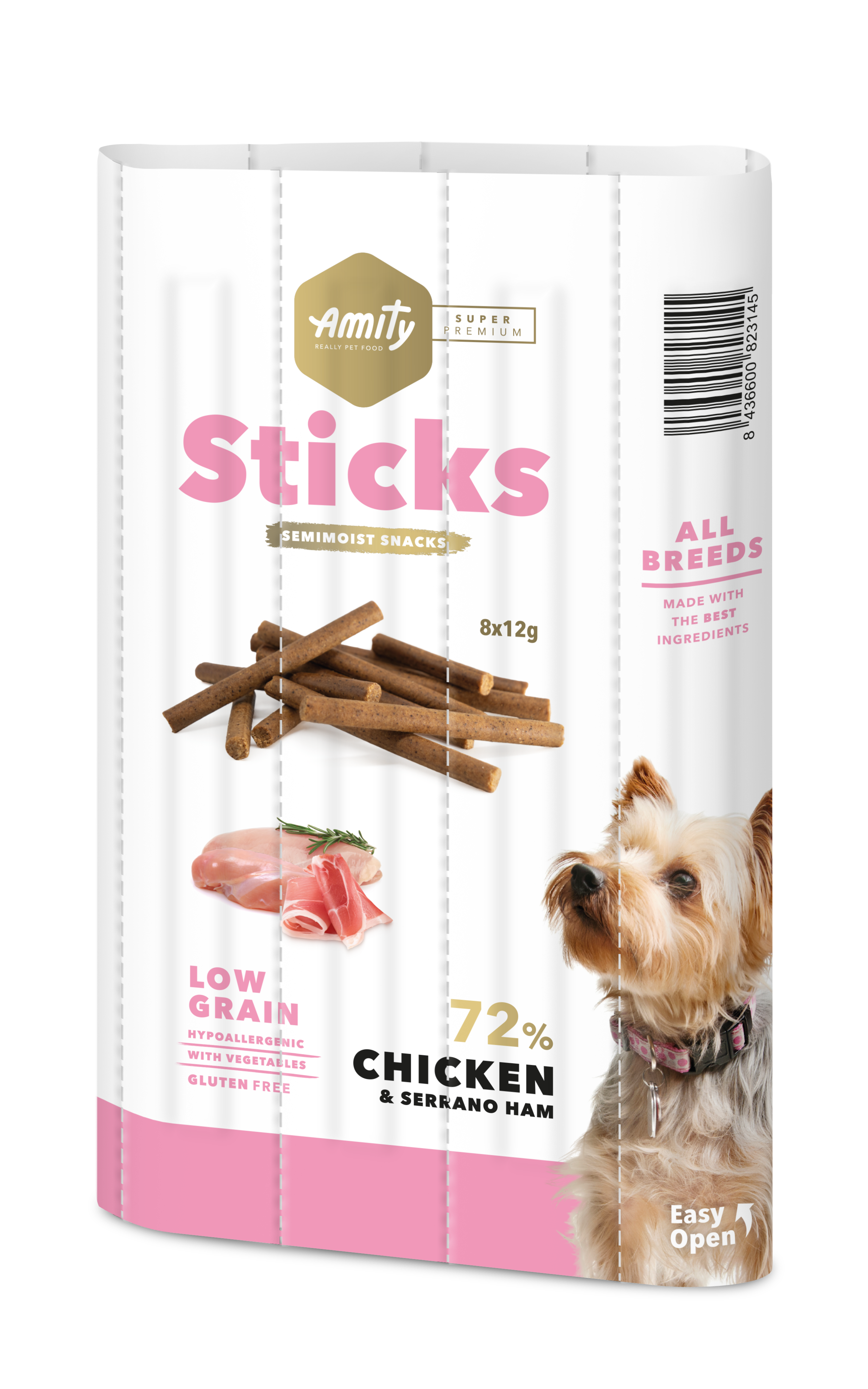 AMITY SUPER PREMIUM STICKS CHICKEN & SERRANO HAM (DISPLAY 12 UNIDADES)