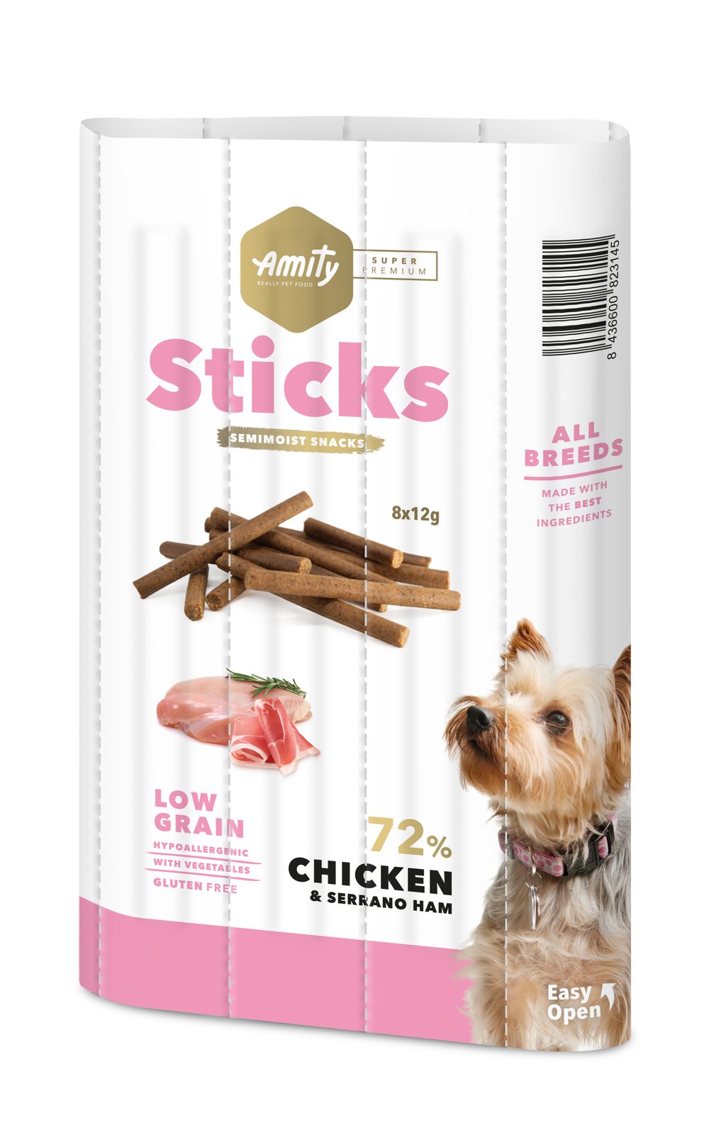 AMITY SUPER PREMIUM STICKS CHICKEN & SERRANO HAM (DISPLAY 12 UNIDADES)