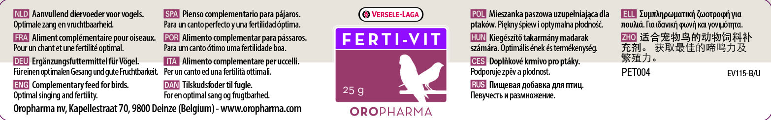 Versele Laga Ferti-Vit Vitaminas Para La Reproducción Y Canto Para Pájaros 25 Gr