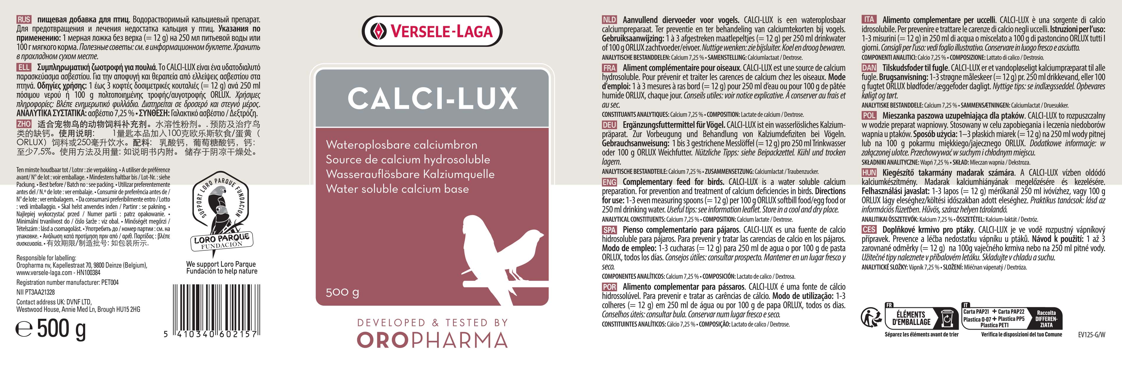 Versele Laga Calci-Lux Calcio Para Pájaros 500 Gr