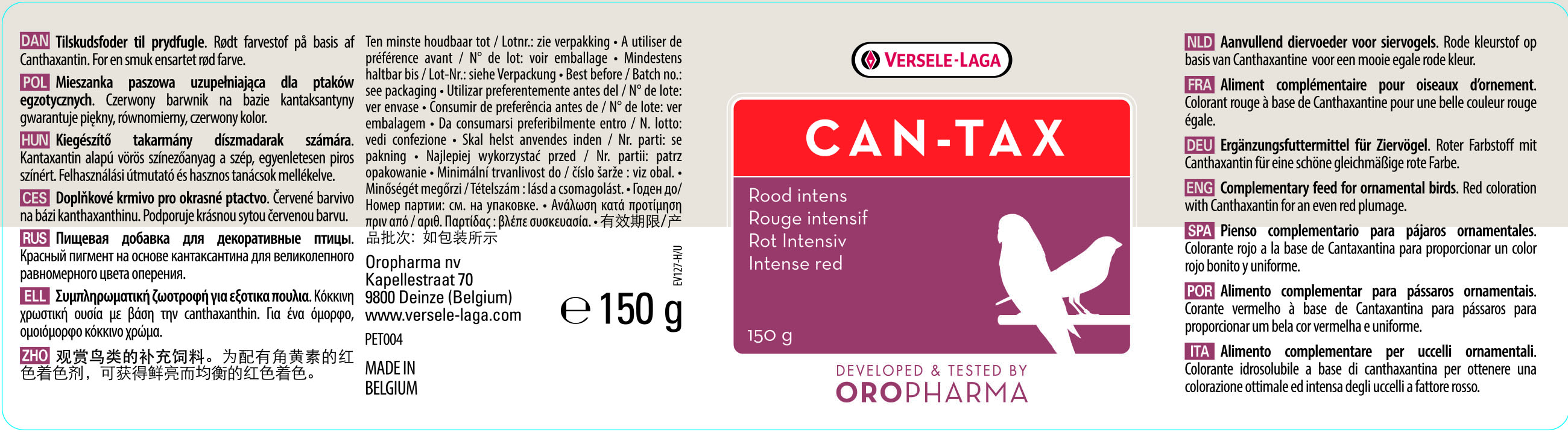 Versele Laga Can-Tax Colorante Rojo Para Canarios 150 Gr