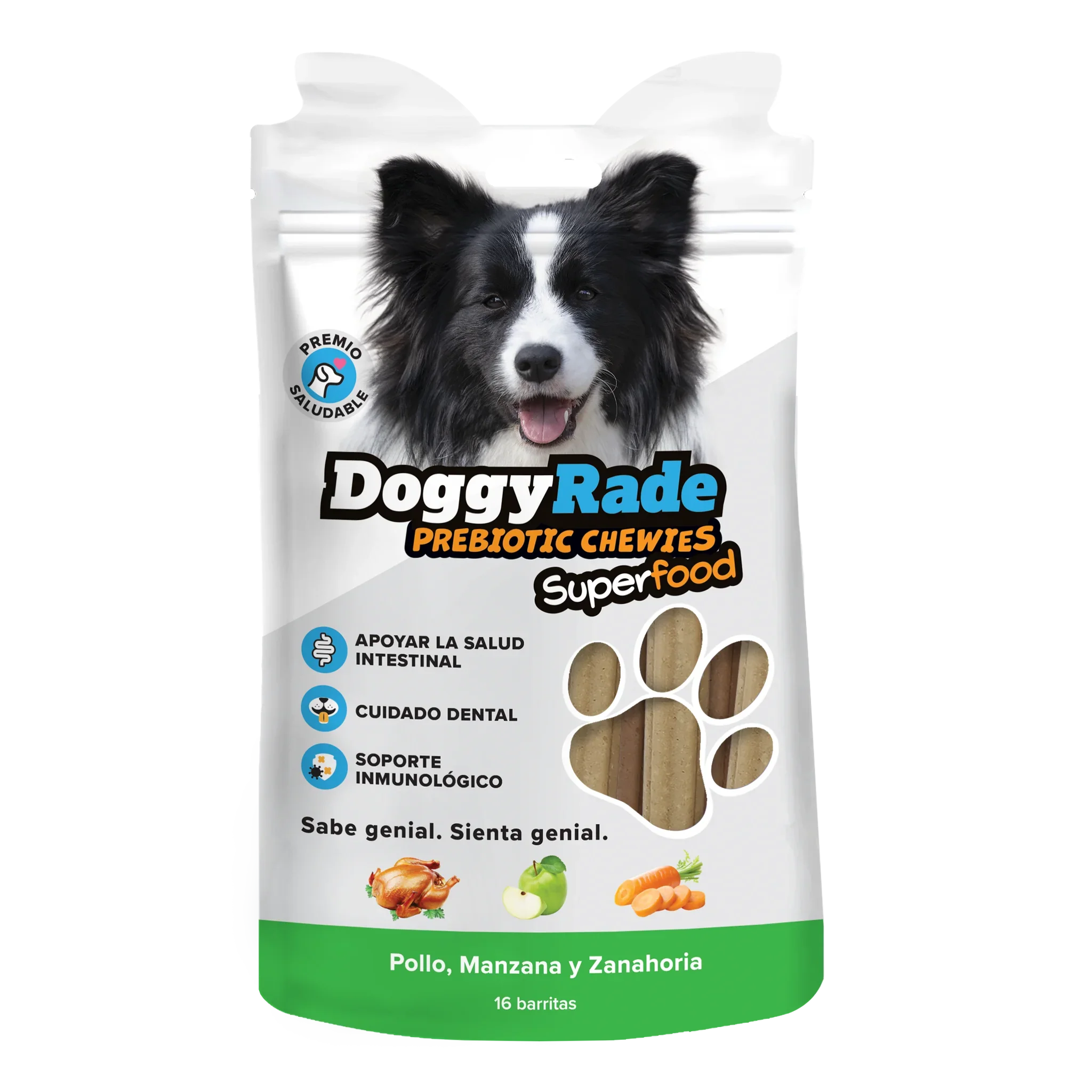 DoggyRade Prebiotic Chewies + Superfoods (Pollo, Manzana y Zanahoria) – Caja con 12 Unidades | Snacks Naturales y Funcionales para Perros