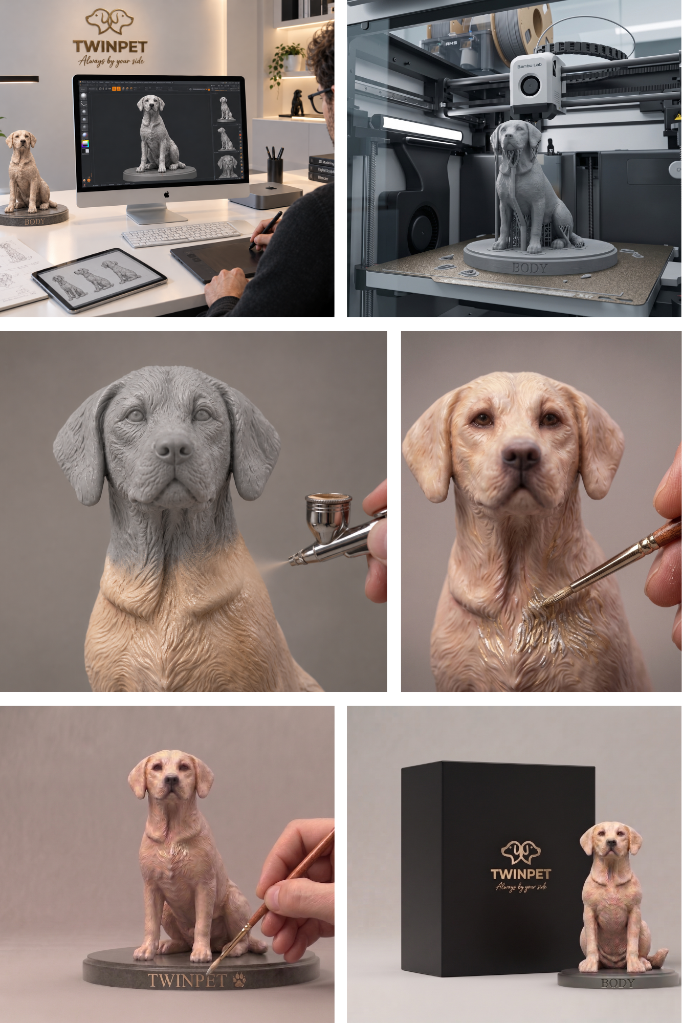Proceso de creación de una figura 3D de mascota en resina de alta calidad de TWINPET