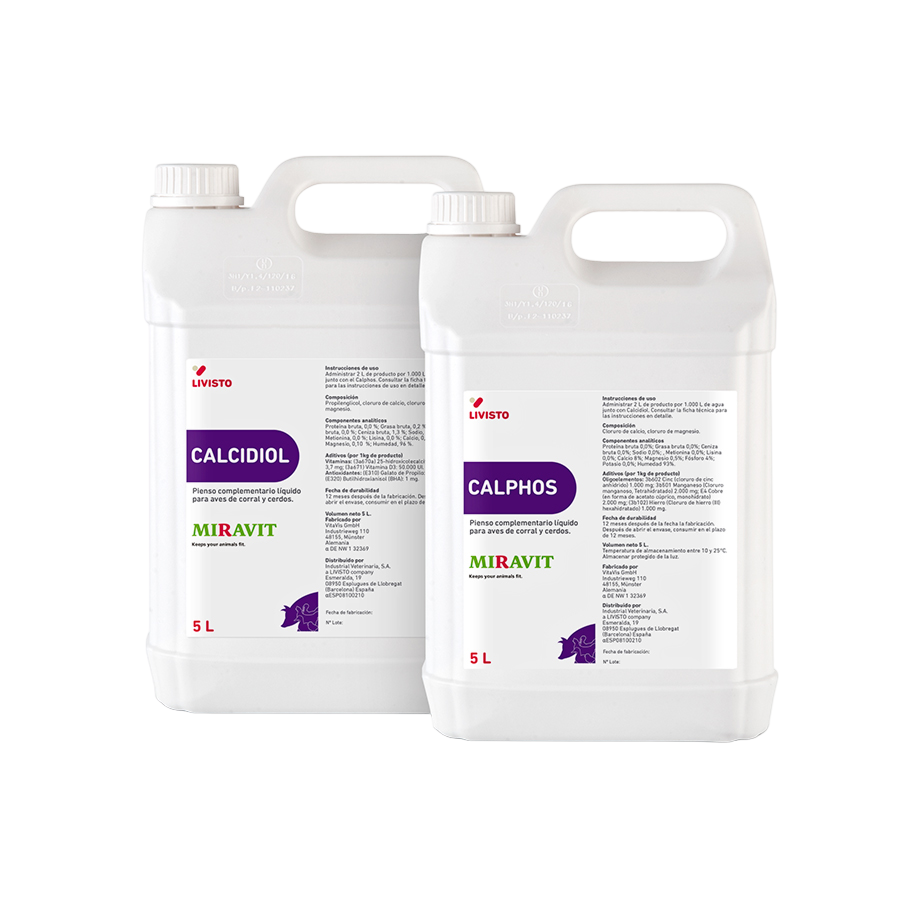 Miravit Calphos/Calcidiol 2x5 L – Suplemento líquido para aves y cerdos, fortalece desarrollo óseo y muscular