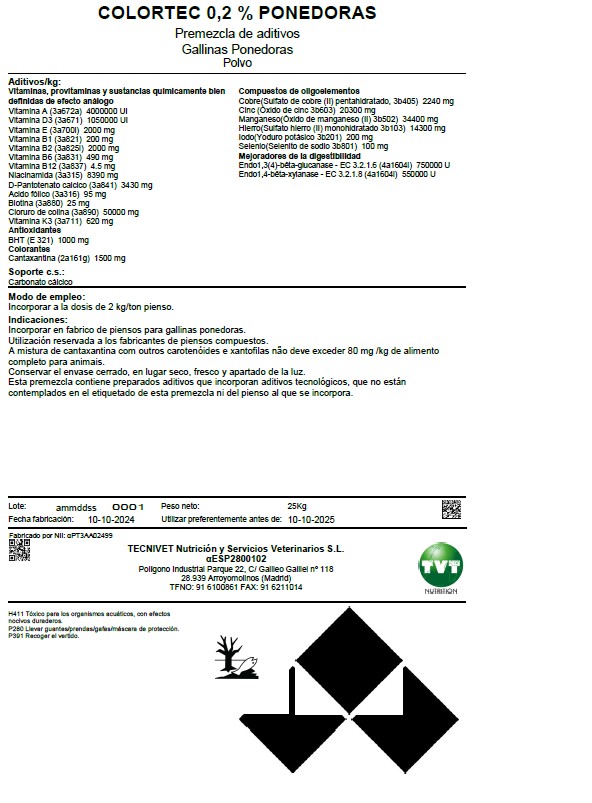 COLORTEC 0,2% PONEDORAS – Premix vitamínico-mineral para gallinas ponedoras (Saco 25 kg)