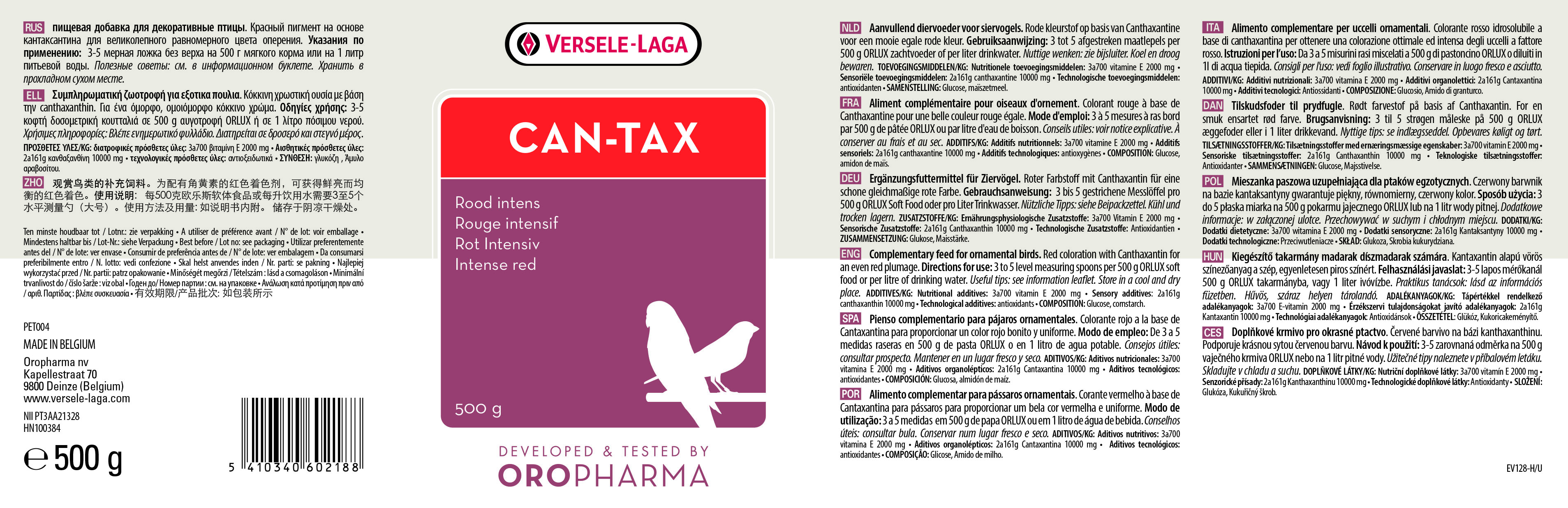 Versele Laga Can-Tax Colorante Rojo Para Canarios 500 Gr
