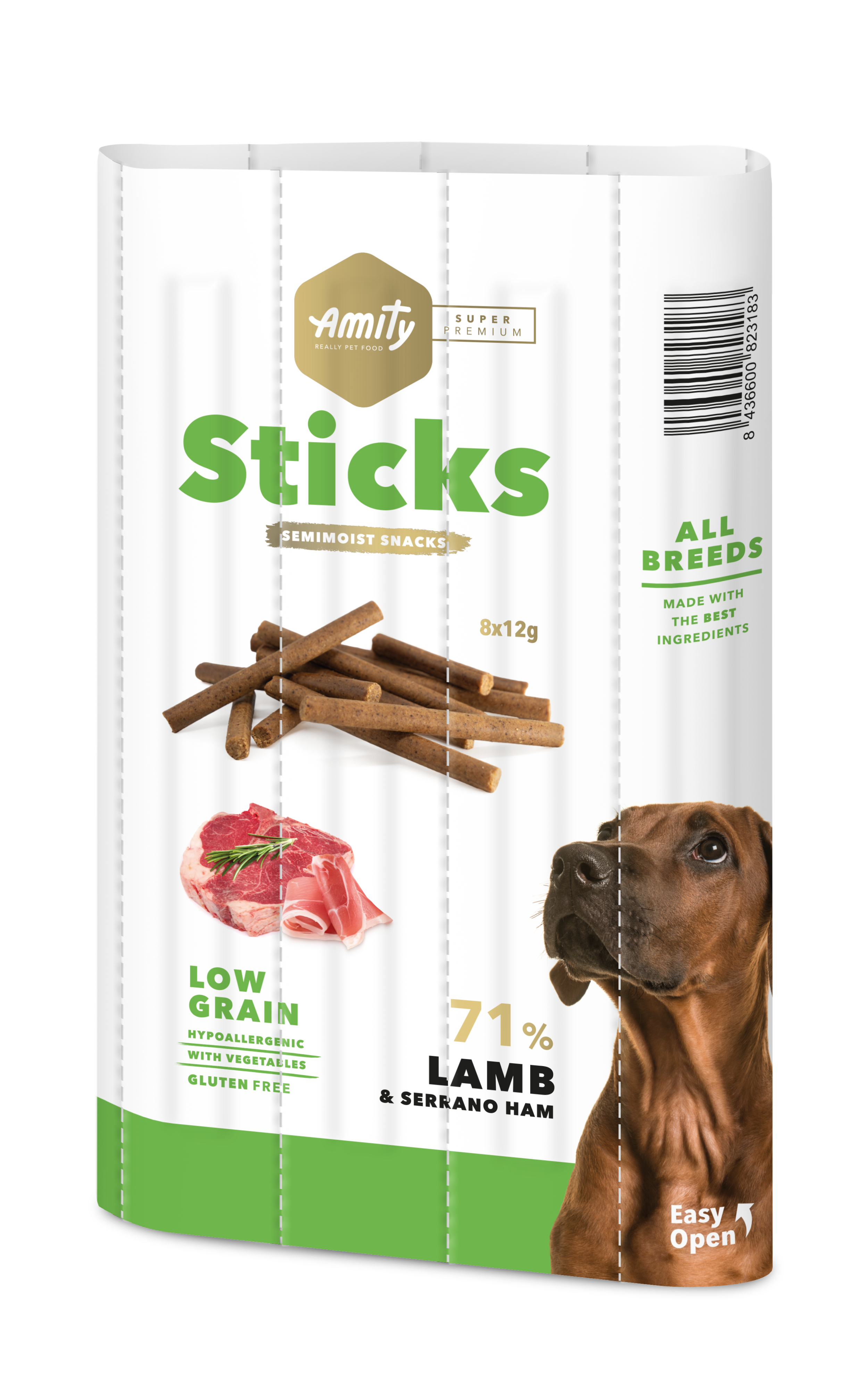 AMITY SUPER PREMIUM STICKS LAMB & SERRANO HAM (DISPLAY 12 UNIDADES)