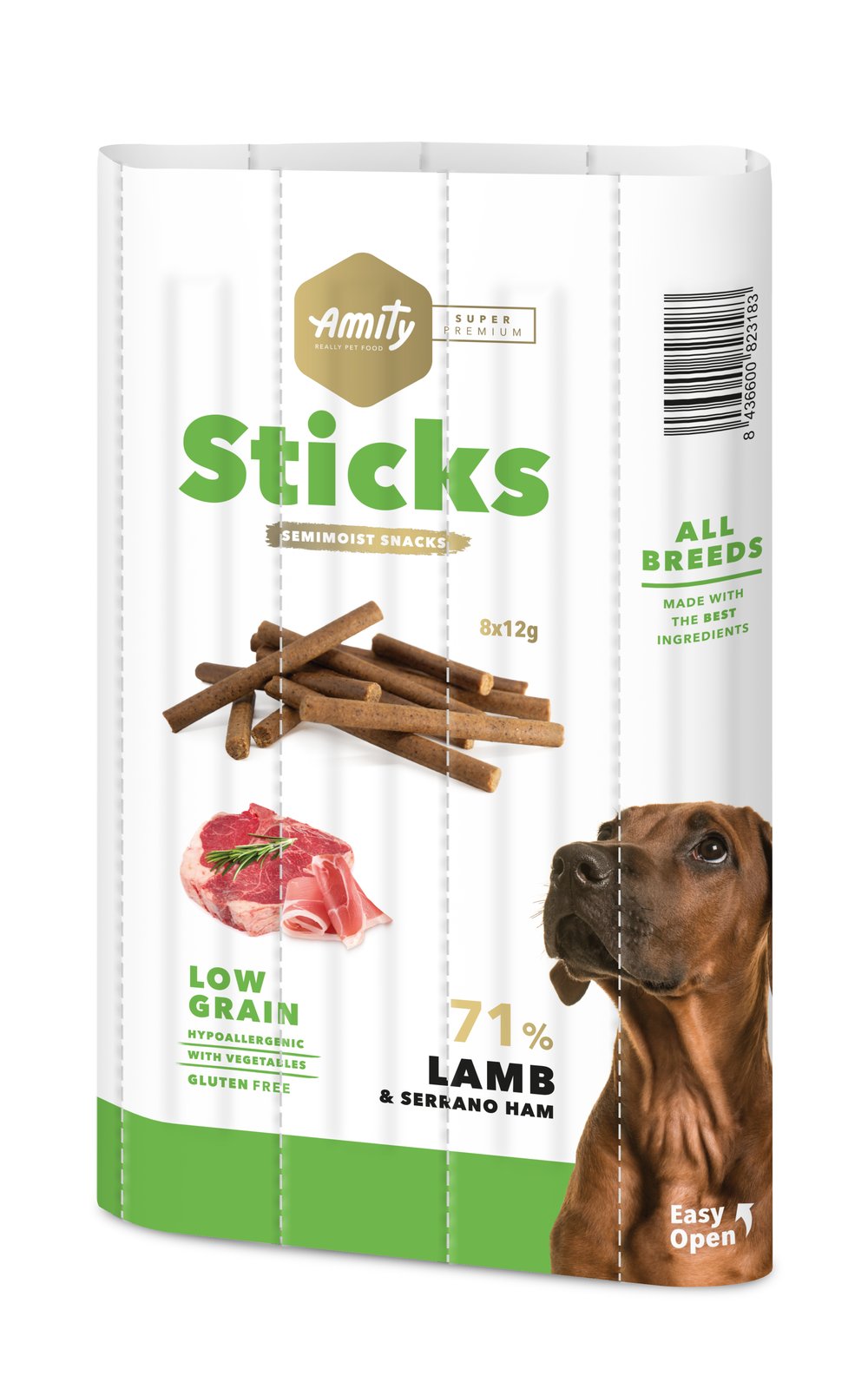 AMITY SUPER PREMIUM STICKS LAMB & SERRANO HAM (DISPLAY 12 UNIDADES)