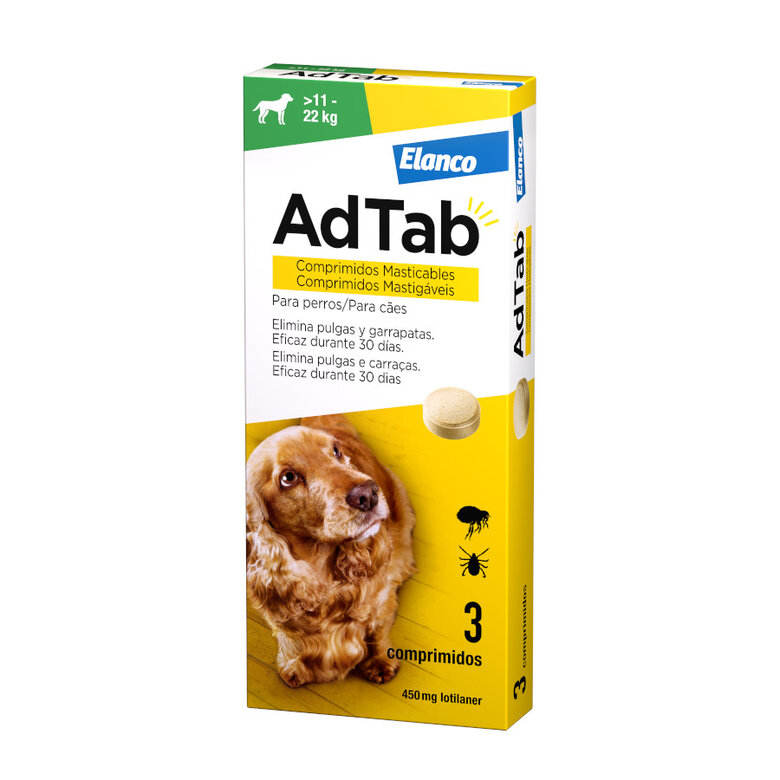AdTab Perro 450 mg – Pack de 3 Comprimidos Masticables Antiparasitarios para Perros Medianos (11-22 kg) | Protección Mensual contra Pulgas y Garrapata