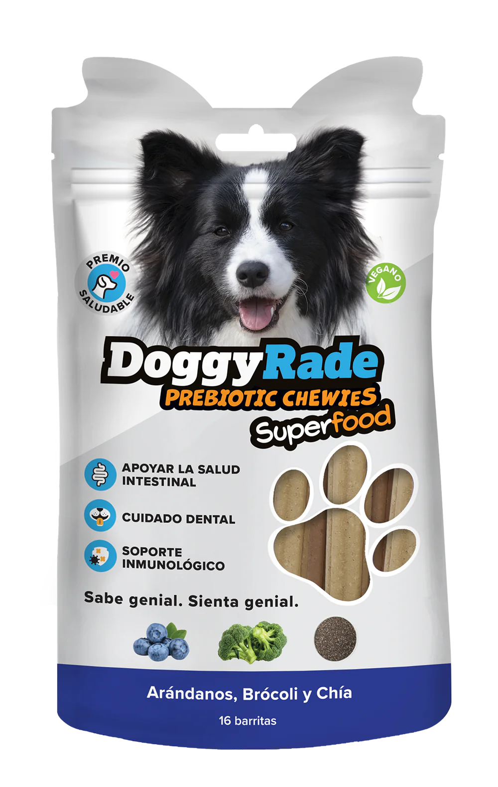 DoggyRade Prebiotic Chewies + Superfoods (Arándanos, Brócoli y Semillas de Chía) – Caja con 12 Unidades | Snacks Funcionales para Perros con Prebiótic