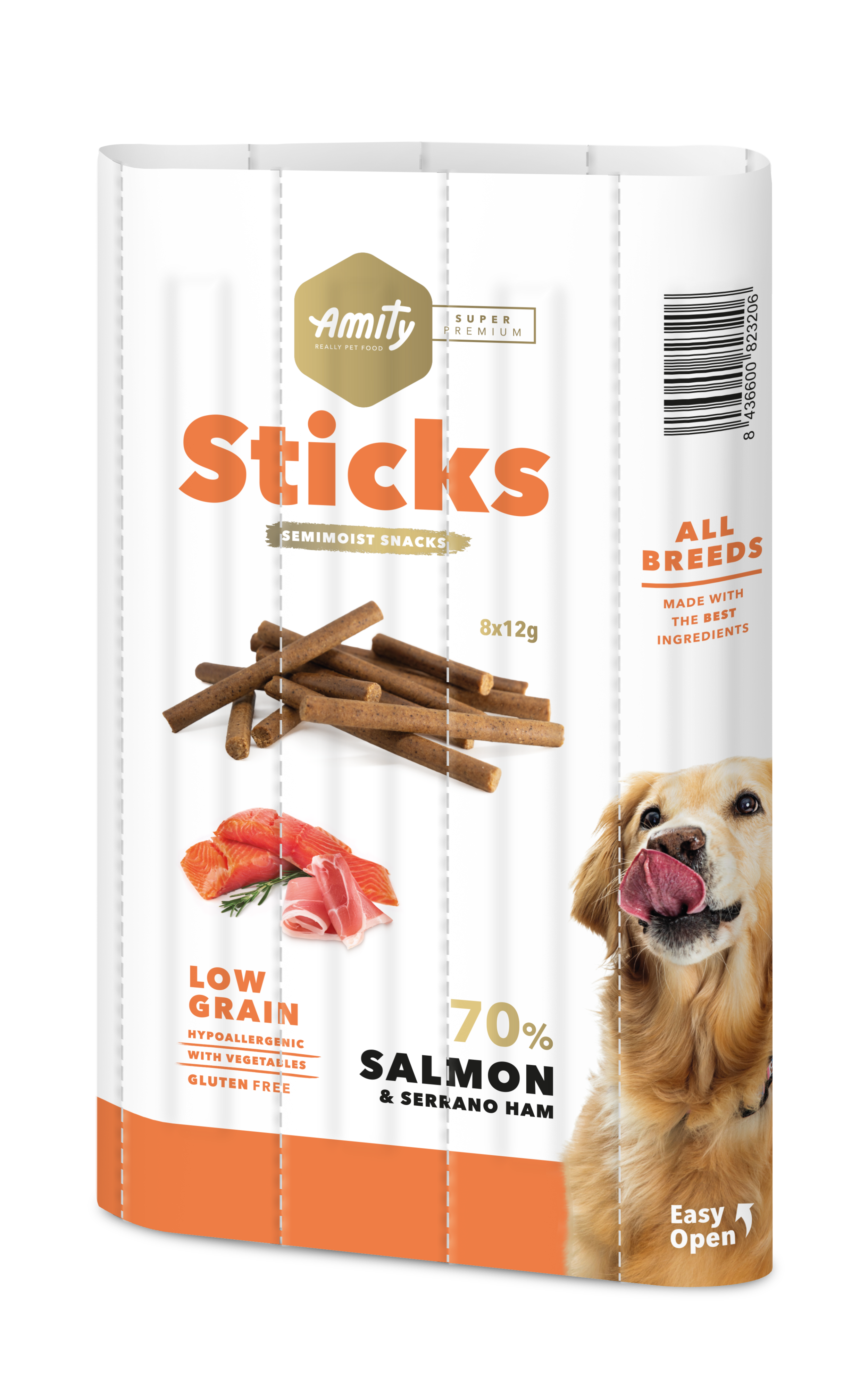 AMITY SUPER PREMIUM STICKS SALMON & SERRANO HAM (DISPLAY 12 UNIDADES)