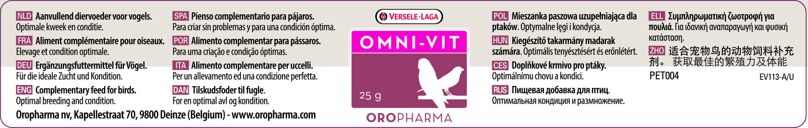 Versele Laga Omni-Vit Multivitaminico Para Pájaros 25 Gr