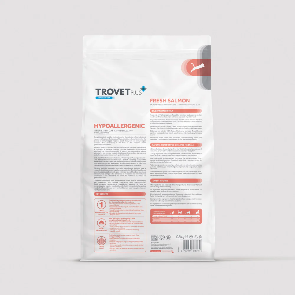 Trovet Plus | Pienso Hipoalergénico Para Gatos Esterilizados | Salmón 2,5 kg