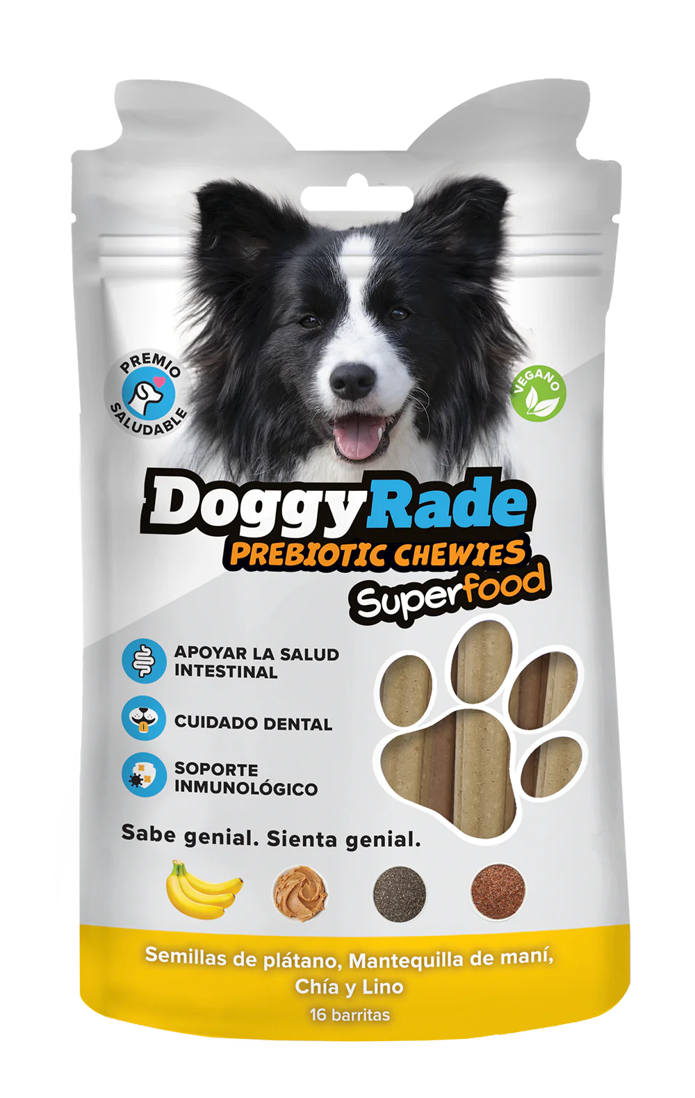 DoggyRade Prebiotic Chewies + Superfoods (Banana, Maní, Chía y Linaza) – Caja con 12 Unidades | Snacks Funcionales para la Salud Digestiva de Perros