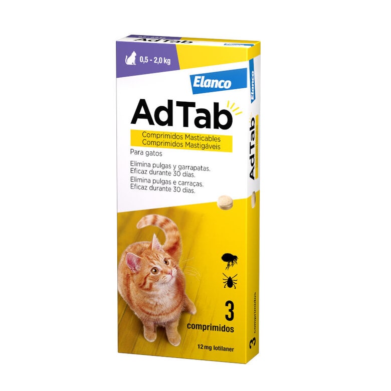 AdTab Gato 12 mg – Pack de 3 Comprimidos Masticables Antiparasitarios para Gatos Pequeños (0.5-2 kg) | Protección Mensual contra Pulgas y Garrapatas