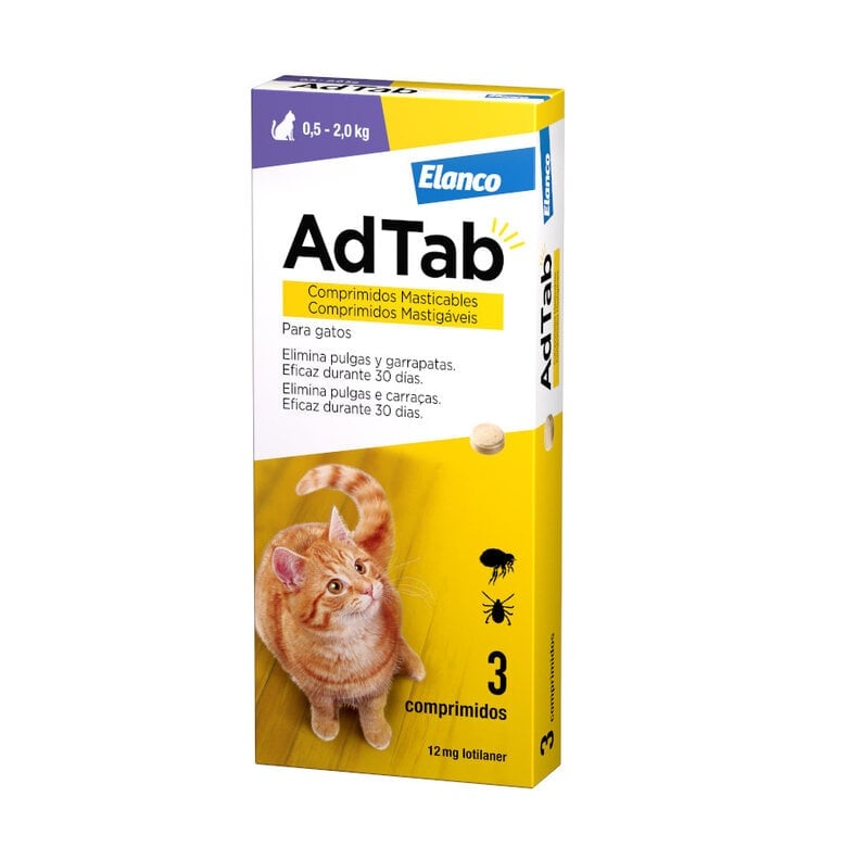 AdTab Gato 12 mg – Pack de 3 Comprimidos Masticables Antiparasitarios para Gatos Pequeños (0.5-2 kg) | Protección Mensual contra Pulgas y Garrapatas