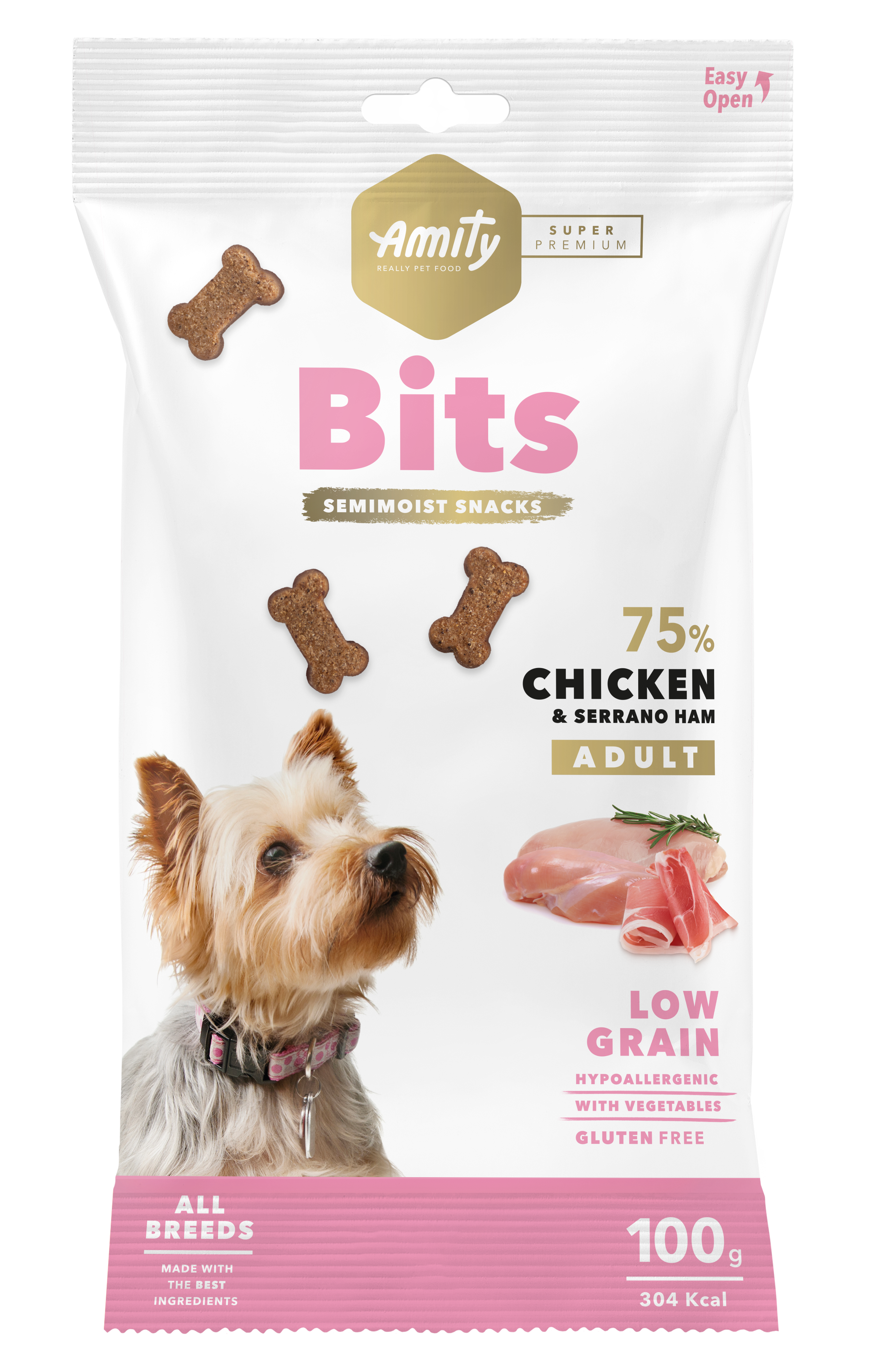 AMITY SUPER PREMIUM BITS CHICKEN & SERRANO HAM (DISPLAY 12 UNIDADES)