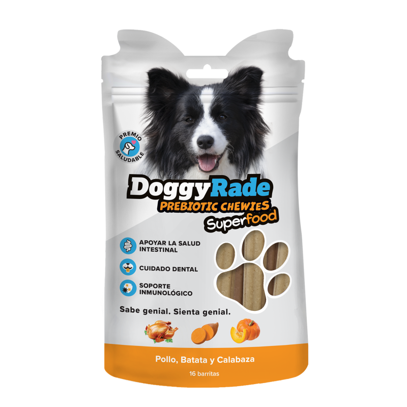 DoggyRade Prebiotic Chewies + Superfoods (Pollo, Batata y Calabaza) – Caja con 12 Unidades | Snacks Naturales para Perros con Prebióticos y Superalime