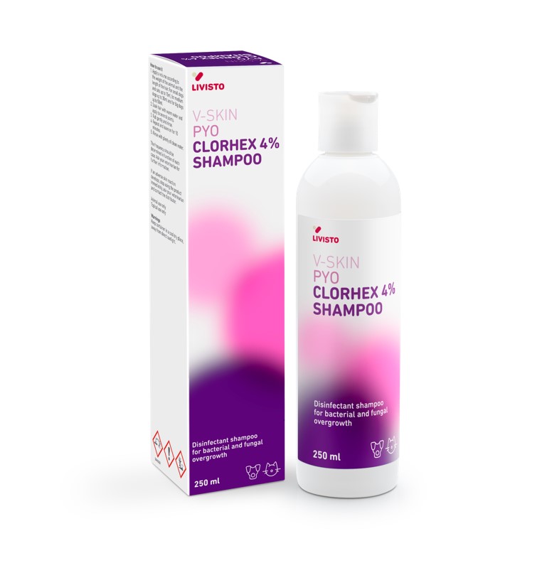Champú antiséptico, antibacteriano y antifúngico para perros y gatos – V-Skin Pyo Clorhex 4% 250 ml Livisto