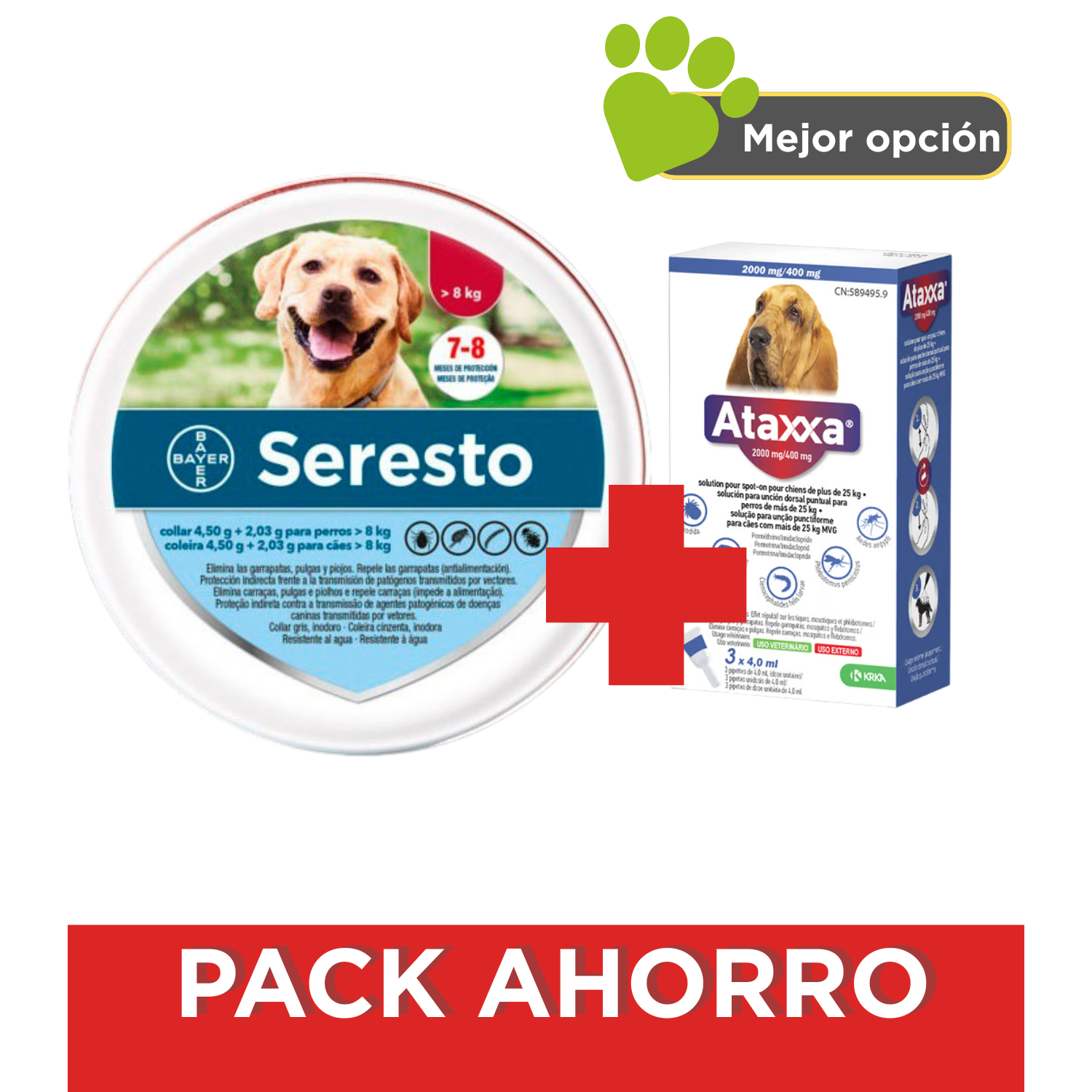 Pack collar Seresto Perro mas de 8 KG + Ataxxa Pipeta Spot On Perro 10-25 Kg 1250Mg/250Mg 3 Pipetas