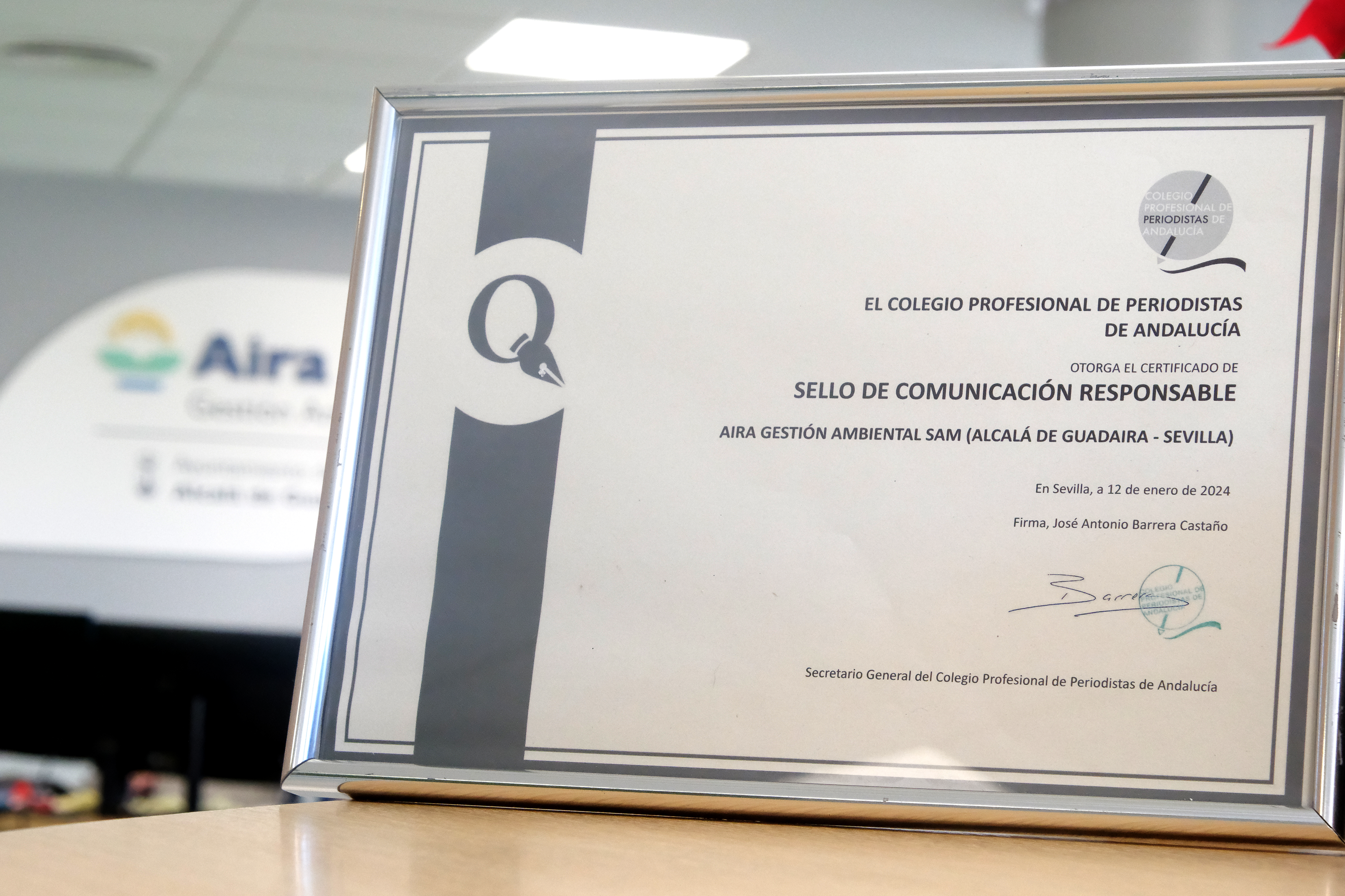 Aira Gestión Ambiental recibe el Sello de Comunicación Responsable del Colegio de Periodistas de Andalucía