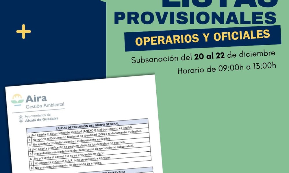 Publicadas las listas provisionales de admitidos y excluidos en los procesos selectivos de Aira