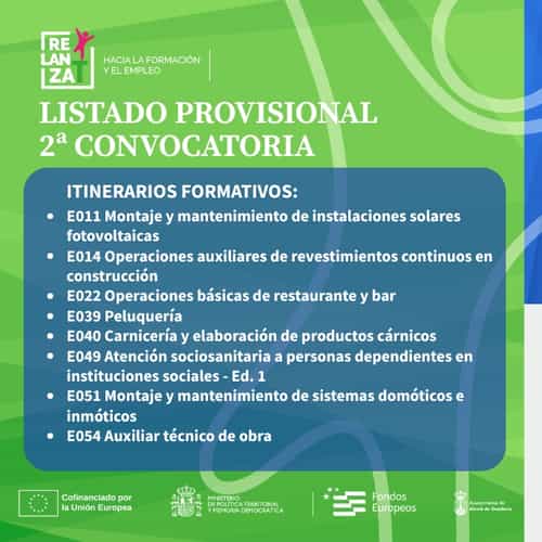 Publicados los listados provisionales de ocho itinerarios de la segunda convocatoria de RELANZA-T