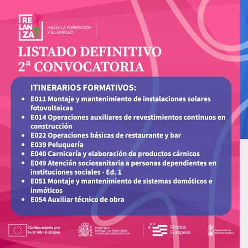 Publicados los listados definitivos de ocho itinerarios de la segunda convocatoria de RELANZA-T
